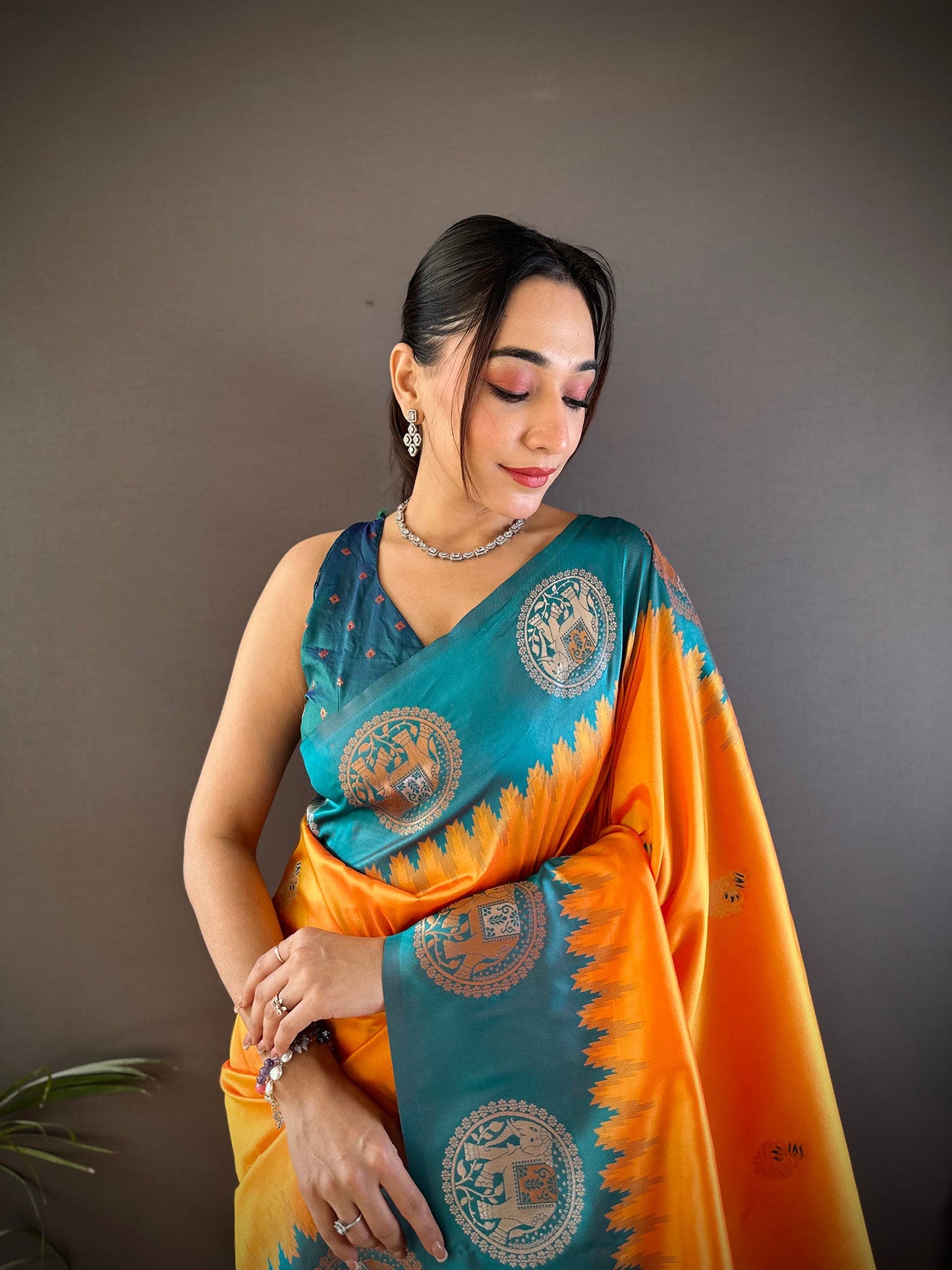 Elora Orange Soft Silk Butti Zari Weaving Work Banarasi Saree
