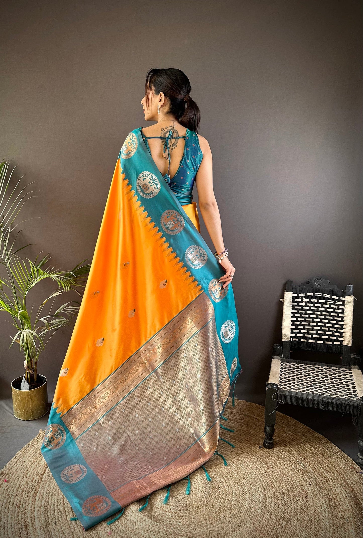 Elora Orange Soft Silk Butti Zari Weaving Work Banarasi Saree