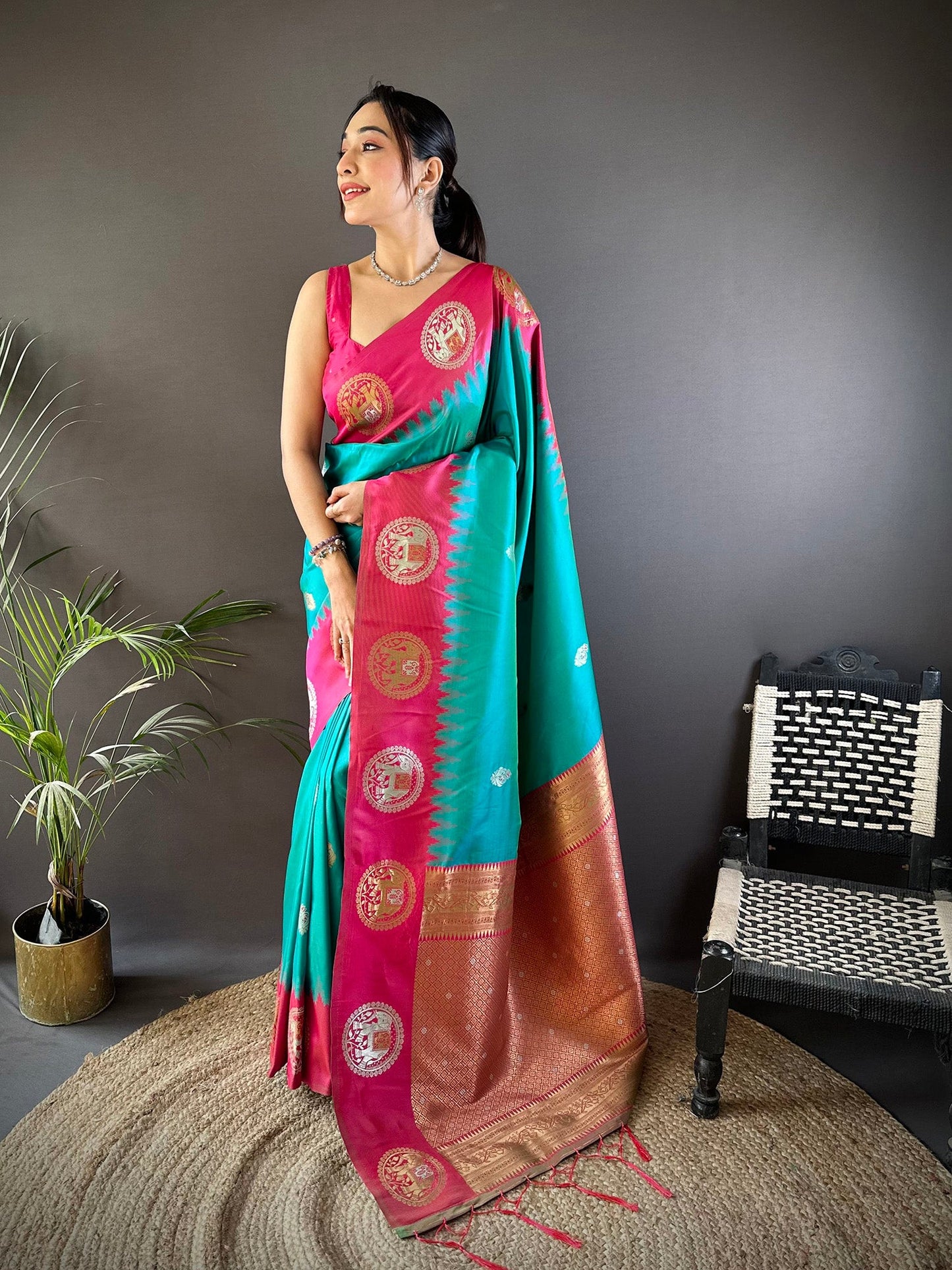 Elora Teal Soft Silk Butti Zari Weaving Work Banarasi Saree