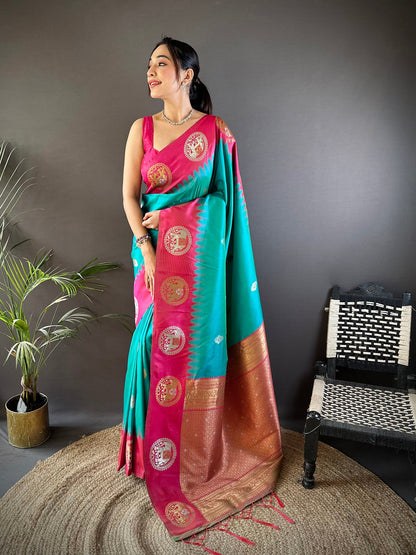 Elora Teal Soft Silk Butti Zari Weaving Work Banarasi Saree