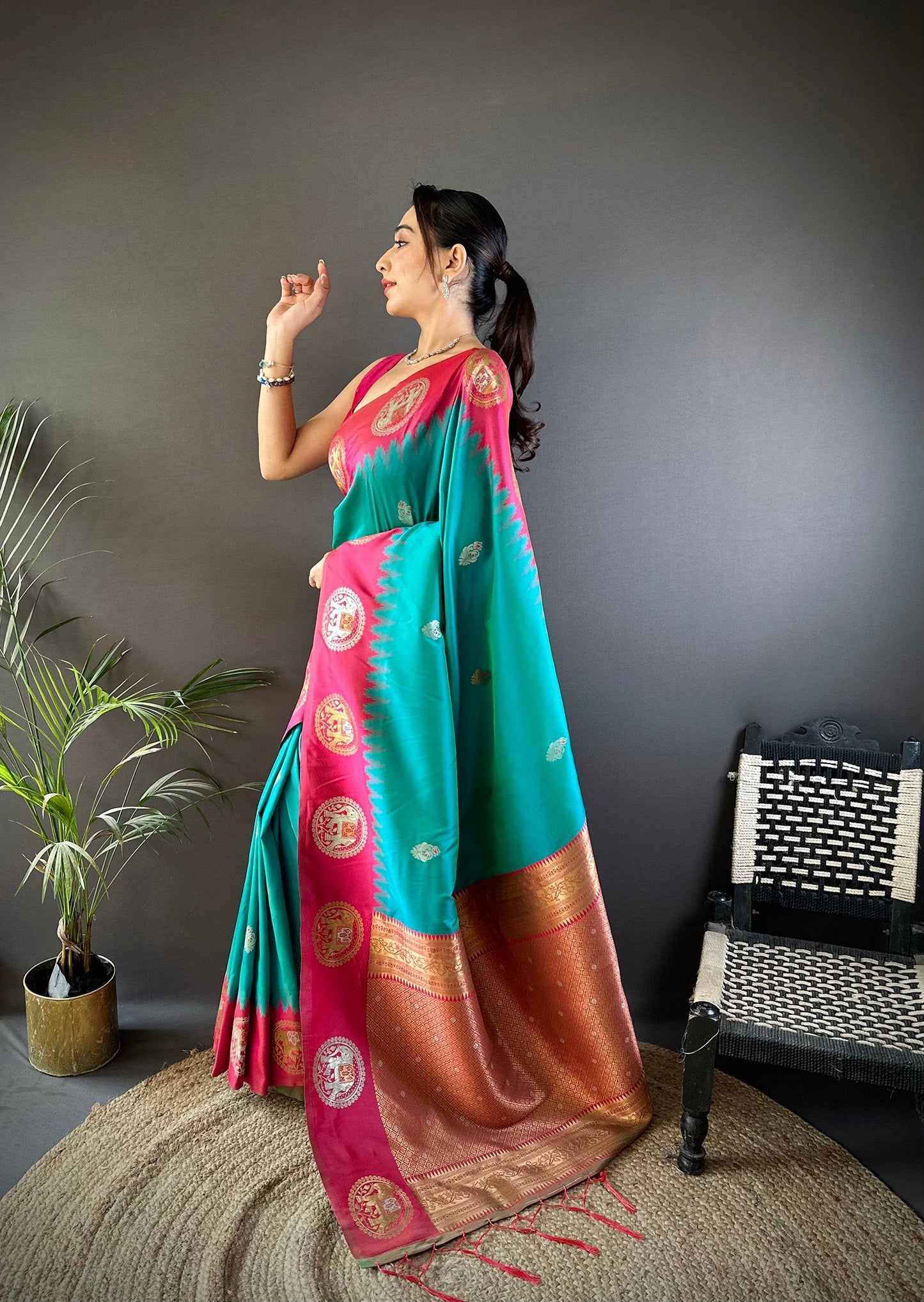 Elora Teal Soft Silk Butti Zari Weaving Work Banarasi Saree