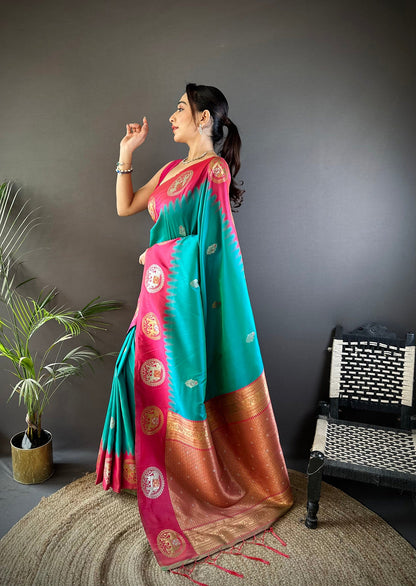 Elora Teal Soft Silk Butti Zari Weaving Work Banarasi Saree