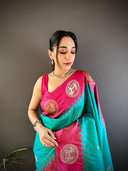 Elora Teal Soft Silk Butti Zari Weaving Work Banarasi Saree