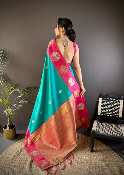 Elora Teal Soft Silk Butti Zari Weaving Work Banarasi Saree