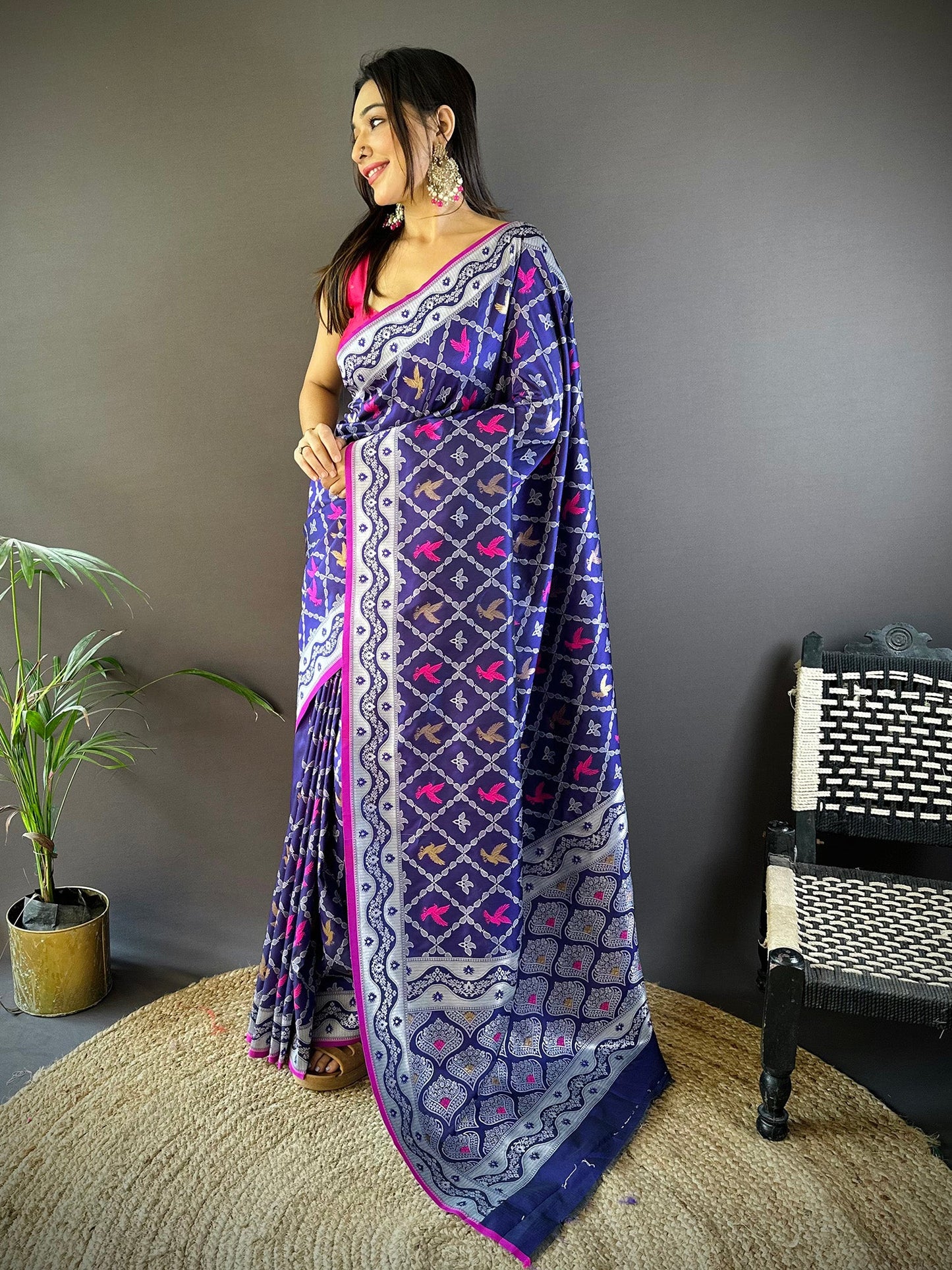 Elora Blue Lichi Soft Silk Jacquard Silver Gold Zari Weaving Banarasi Saree