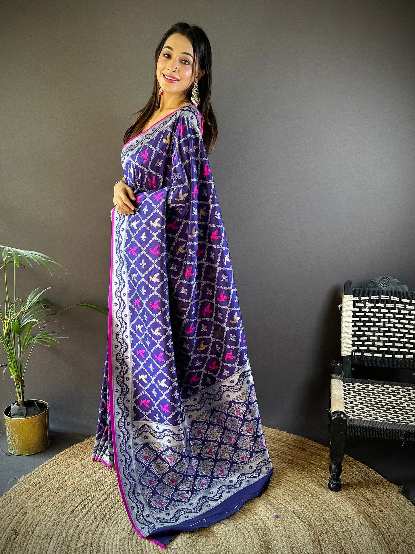 Elora Blue Lichi Soft Silk Jacquard Silver Gold Zari Weaving Banarasi Saree