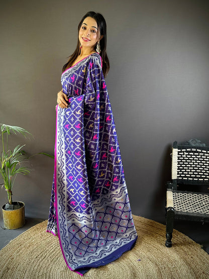 Elora Blue Lichi Soft Silk Jacquard Silver Gold Zari Weaving Banarasi Saree