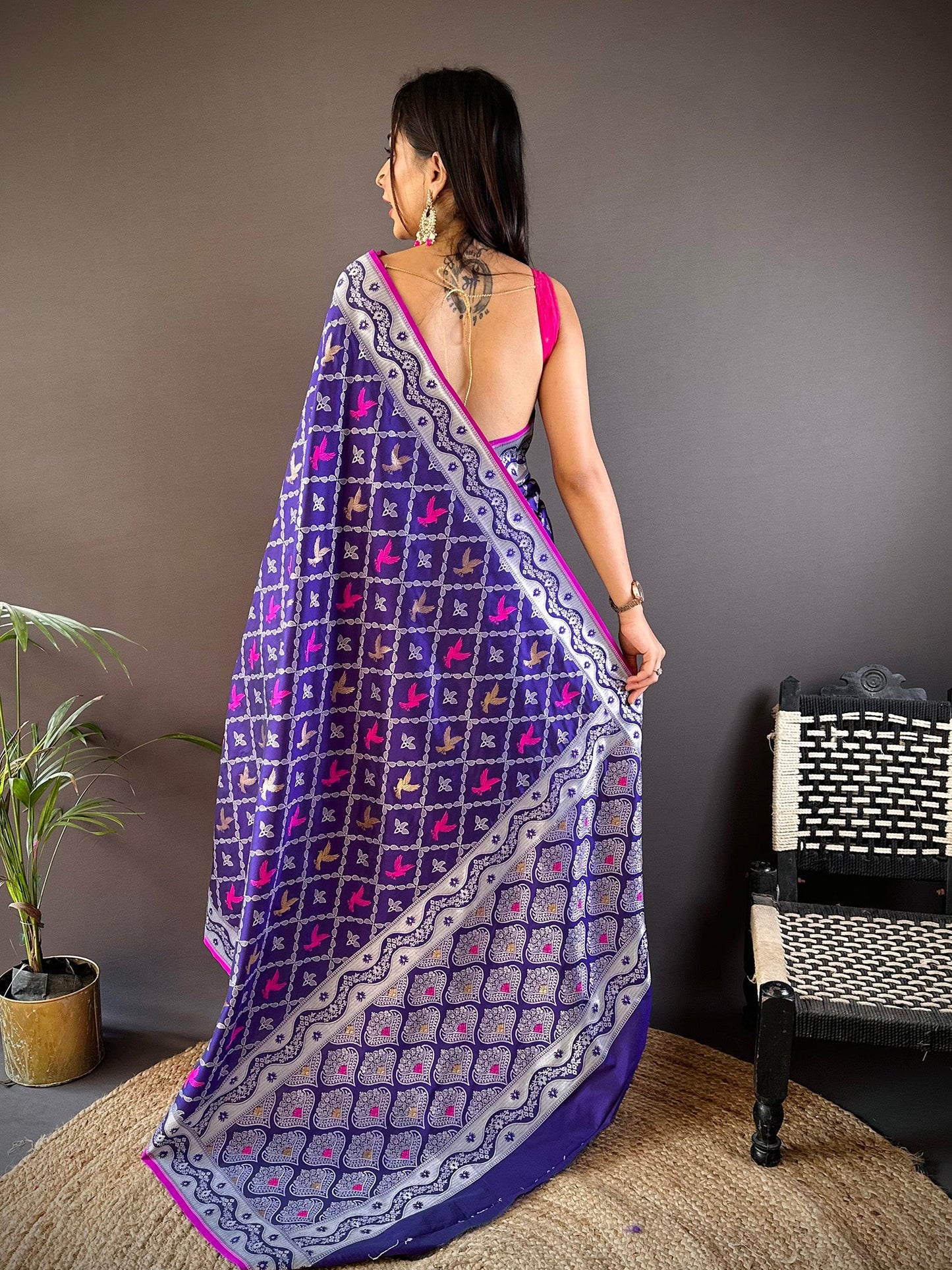 Elora Blue Lichi Soft Silk Jacquard Silver Gold Zari Weaving Banarasi Saree