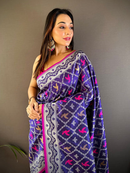 Elora Blue Lichi Soft Silk Jacquard Silver Gold Zari Weaving Banarasi Saree