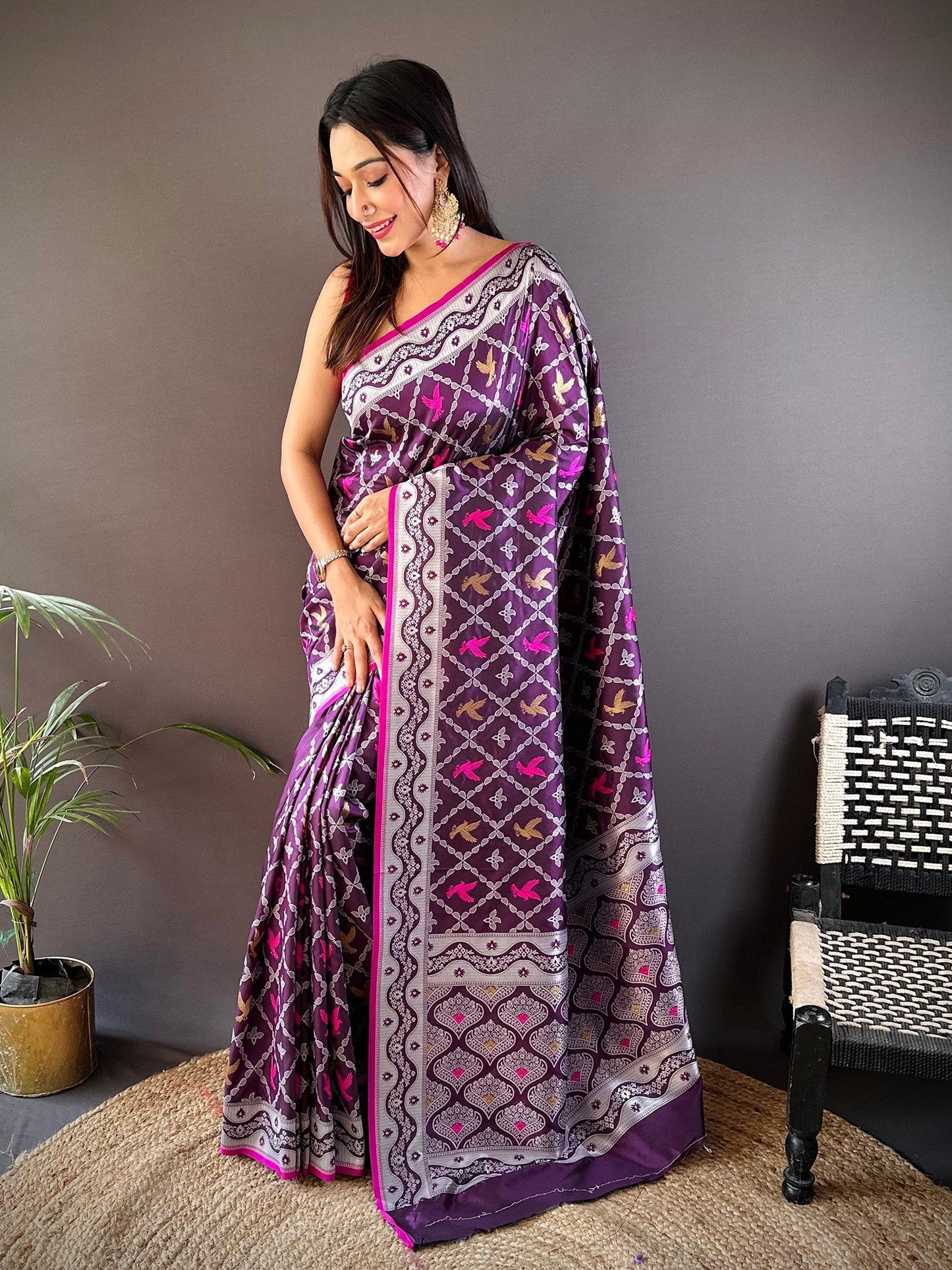 Elora Purple Lichi Soft Silk Jacquard Silver Gold Zari Weaving Banarasi Saree