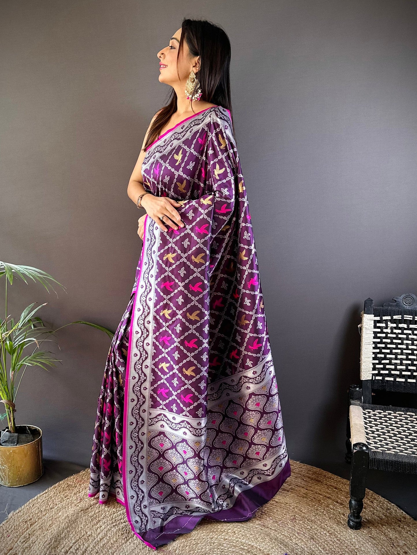 Elora Purple Lichi Soft Silk Jacquard Silver Gold Zari Weaving Banarasi Saree