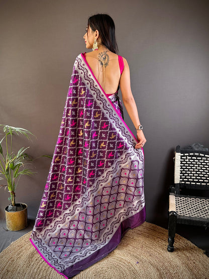 Elora Purple Lichi Soft Silk Jacquard Silver Gold Zari Weaving Banarasi Saree