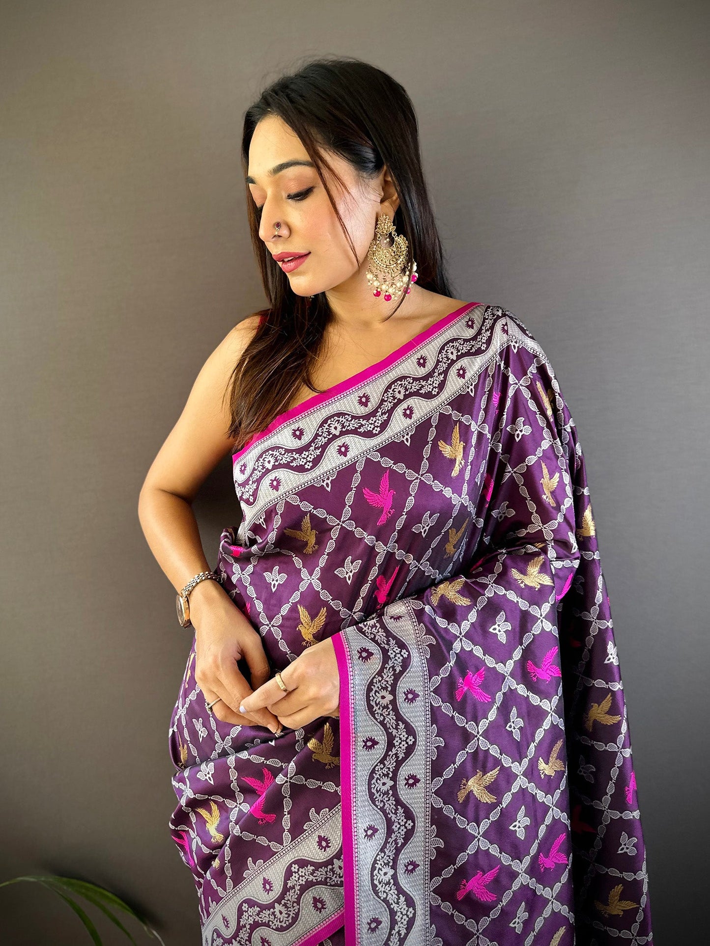 Elora Purple Lichi Soft Silk Jacquard Silver Gold Zari Weaving Banarasi Saree