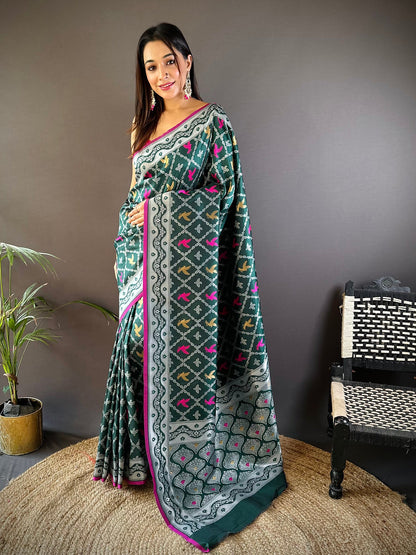 Elora Dark Green Lichi Soft Silk Jacquard Silver Gold Zari Weaving Banarasi Saree