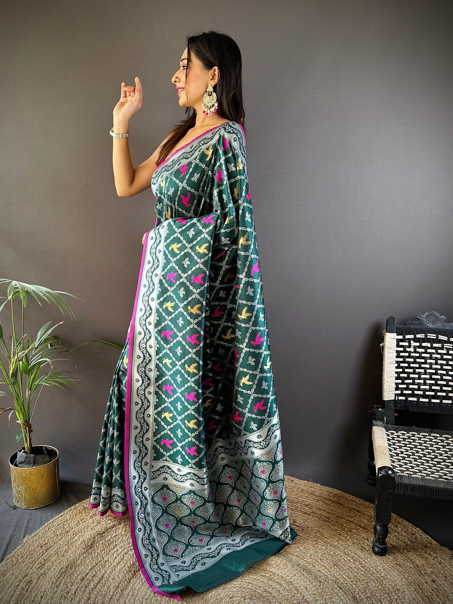 Elora Dark Green Lichi Soft Silk Jacquard Silver Gold Zari Weaving Banarasi Saree