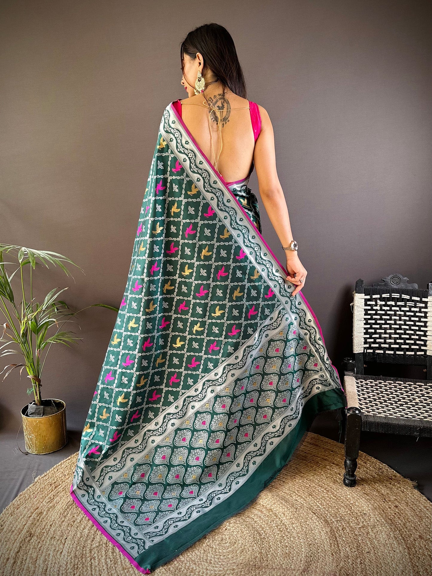 Elora Dark Green Lichi Soft Silk Jacquard Silver Gold Zari Weaving Banarasi Saree