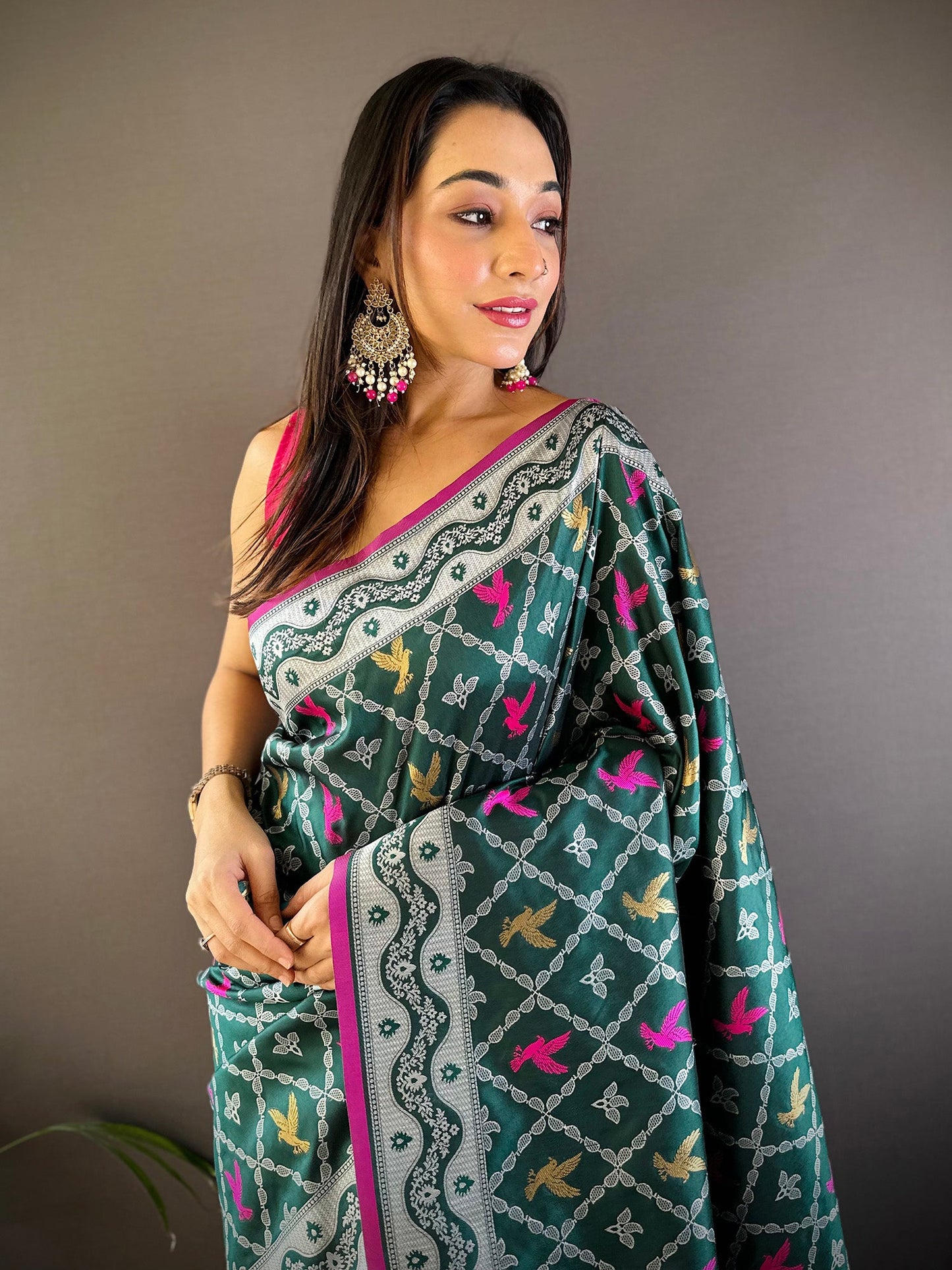 Elora Dark Green Lichi Soft Silk Jacquard Silver Gold Zari Weaving Banarasi Saree