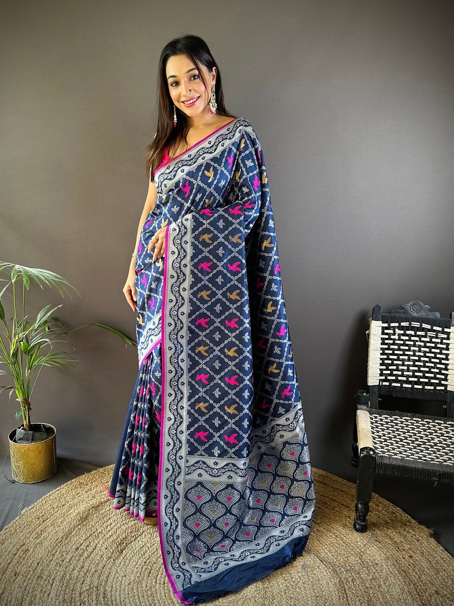 Elora Royal Blue Lichi Soft Silk Jacquard Silver Gold Zari Weaving Banarasi Saree