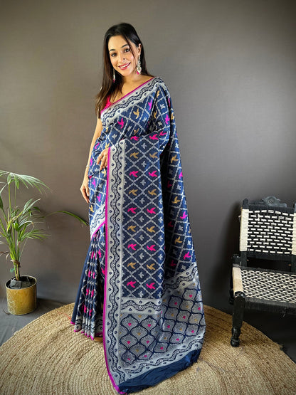 Elora Royal Blue Lichi Soft Silk Jacquard Silver Gold Zari Weaving Banarasi Saree