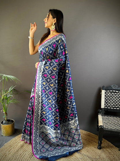 Elora Royal Blue Lichi Soft Silk Jacquard Silver Gold Zari Weaving Banarasi Saree
