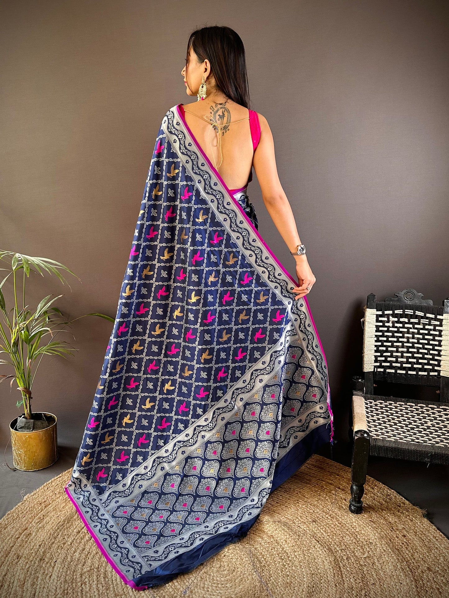 Elora Royal Blue Lichi Soft Silk Jacquard Silver Gold Zari Weaving Banarasi Saree