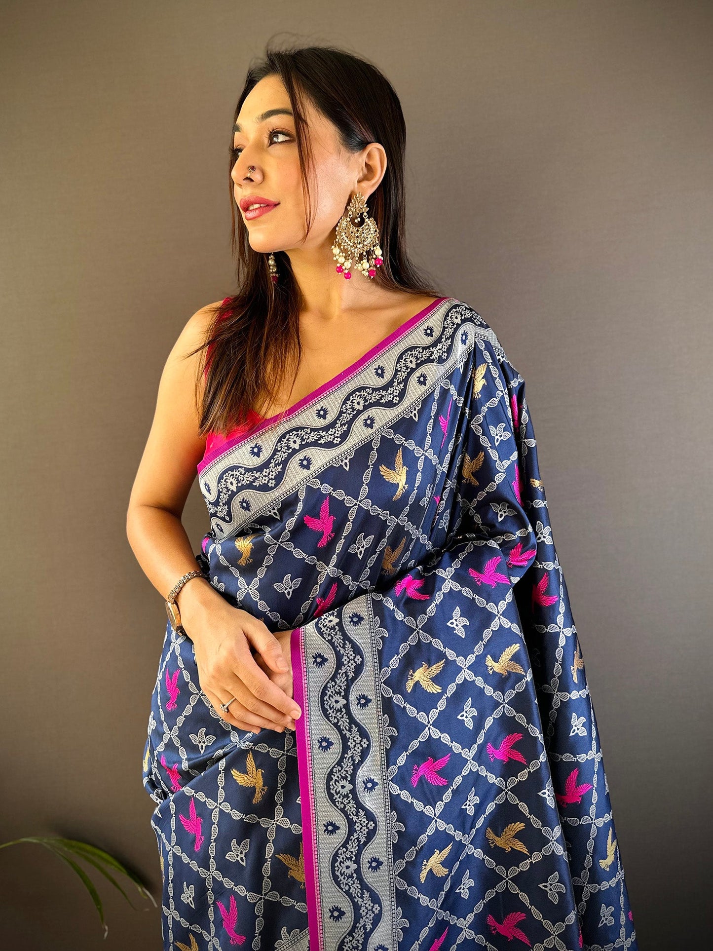 Elora Royal Blue Lichi Soft Silk Jacquard Silver Gold Zari Weaving Banarasi Saree