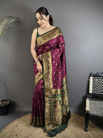 Elora Wine Soft Silk Intricate Motifs Zari Weaving Banarasi Saree With Contrast Weaving Border