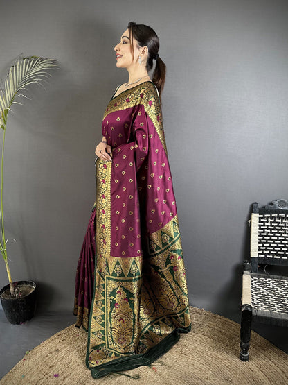 Elora Wine Soft Silk Intricate Motifs Zari Weaving Banarasi Saree With Contrast Weaving Border