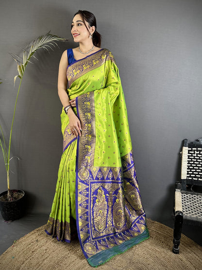Elora Green Soft Silk Intricate Motifs Zari Weaving Banarasi Saree With Contrast Weaving Border