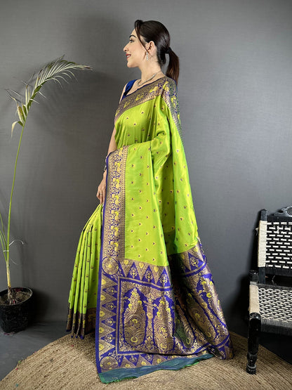 Elora Green Soft Silk Intricate Motifs Zari Weaving Banarasi Saree With Contrast Weaving Border