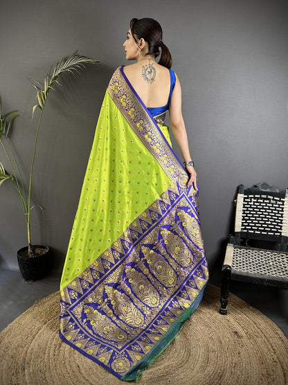 Elora Green Soft Silk Intricate Motifs Zari Weaving Banarasi Saree With Contrast Weaving Border