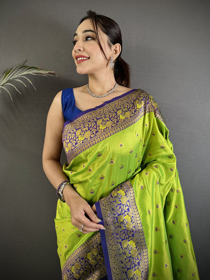 Elora Green Soft Silk Intricate Motifs Zari Weaving Banarasi Saree With Contrast Weaving Border