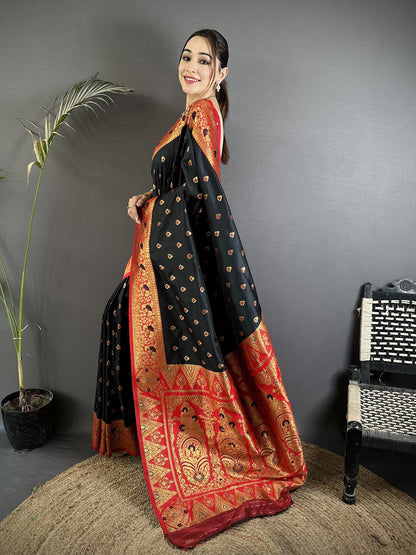 Elora Black Soft Silk Intricate Motifs Zari Weaving Banarasi Saree With Contrast Weaving Border