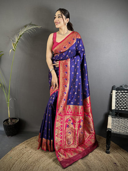 Elora Royal Blue Soft Silk Intricate Motifs Zari Weaving Banarasi Saree With Contrast Weaving Border