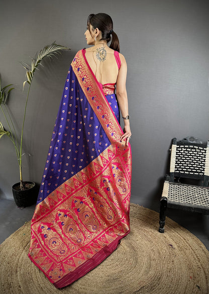 Elora Royal Blue Soft Silk Intricate Motifs Zari Weaving Banarasi Saree With Contrast Weaving Border