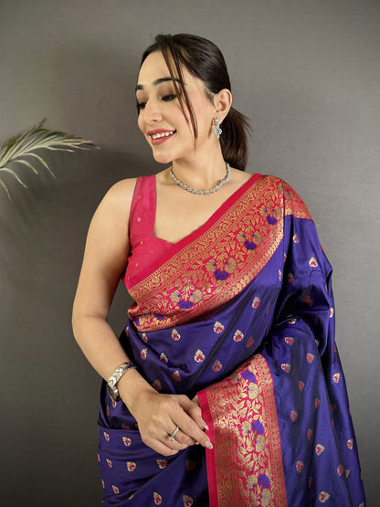 Elora Royal Blue Soft Silk Intricate Motifs Zari Weaving Banarasi Saree With Contrast Weaving Border