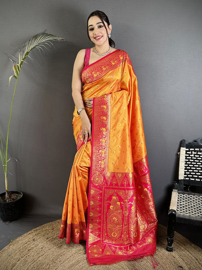 Elora Orange Soft Silk Intricate Motifs Zari Weaving Banarasi Saree With Contrast Weaving Border