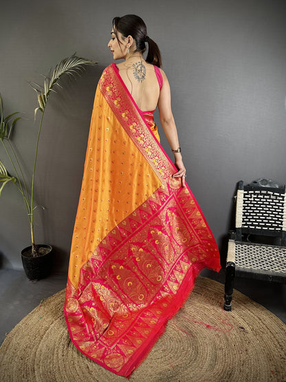 Elora Orange Soft Silk Intricate Motifs Zari Weaving Banarasi Saree With Contrast Weaving Border
