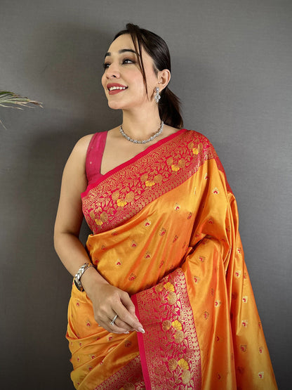 Elora Orange Soft Silk Intricate Motifs Zari Weaving Banarasi Saree With Contrast Weaving Border