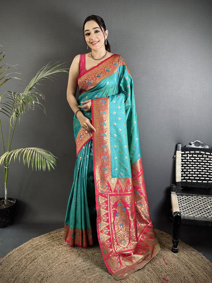 Elora Teal Blue Soft Silk Intricate Motifs Zari Weaving Banarasi Saree With Contrast Weaving Border