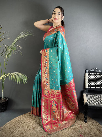 Elora Teal Blue Soft Silk Intricate Motifs Zari Weaving Banarasi Saree With Contrast Weaving Border