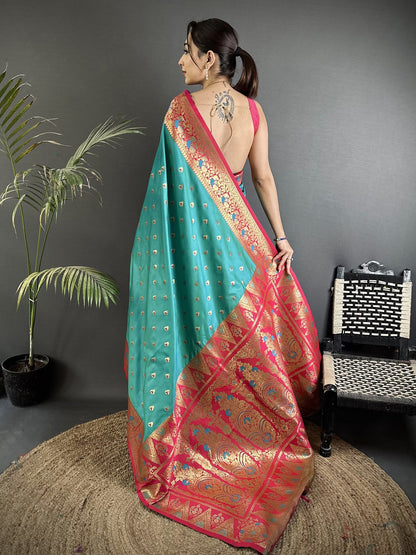 Elora Teal Blue Soft Silk Intricate Motifs Zari Weaving Banarasi Saree With Contrast Weaving Border