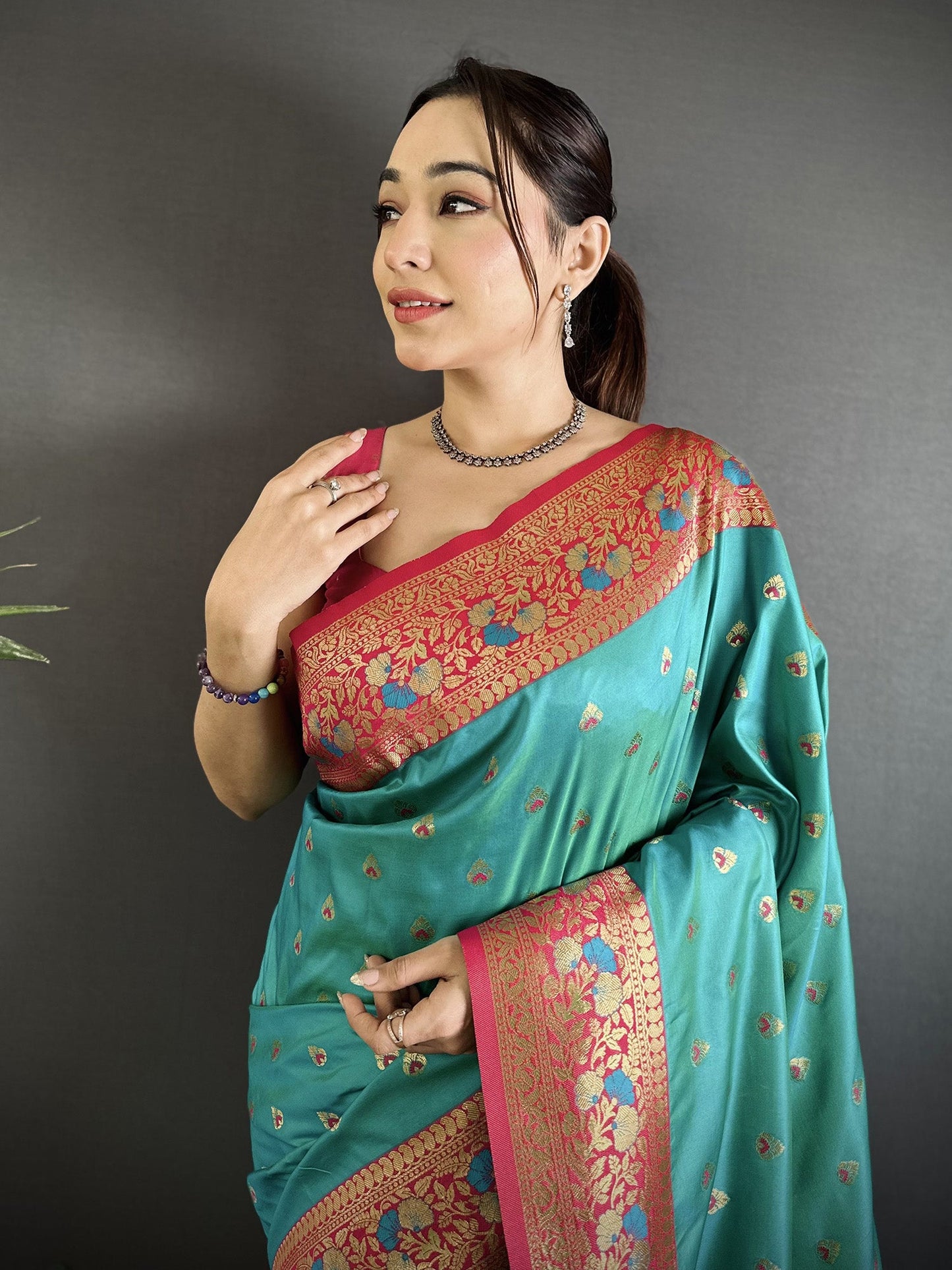 Elora Teal Blue Soft Silk Intricate Motifs Zari Weaving Banarasi Saree With Contrast Weaving Border