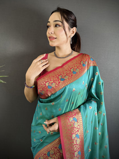 Elora Teal Blue Soft Silk Intricate Motifs Zari Weaving Banarasi Saree With Contrast Weaving Border