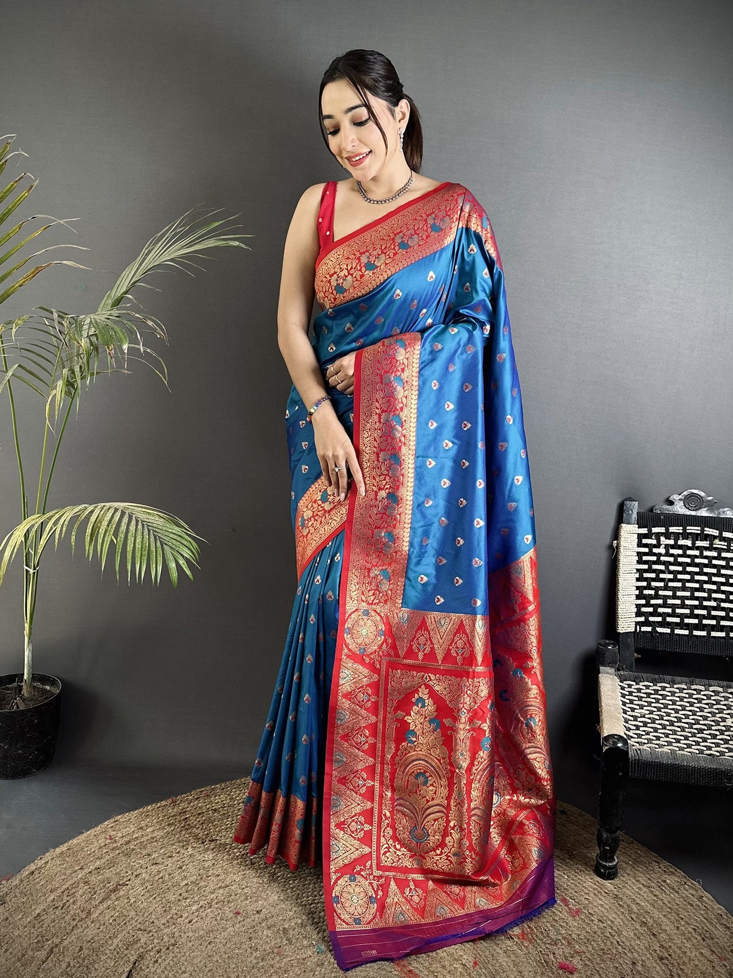 Elora Blue Soft Silk Intricate Motifs Zari Weaving Banarasi Saree With Contrast Weaving Border