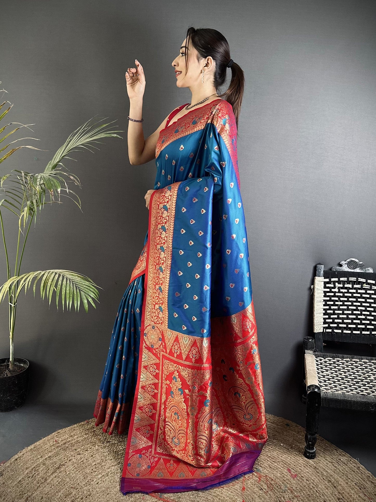 Elora Blue Soft Silk Intricate Motifs Zari Weaving Banarasi Saree With Contrast Weaving Border