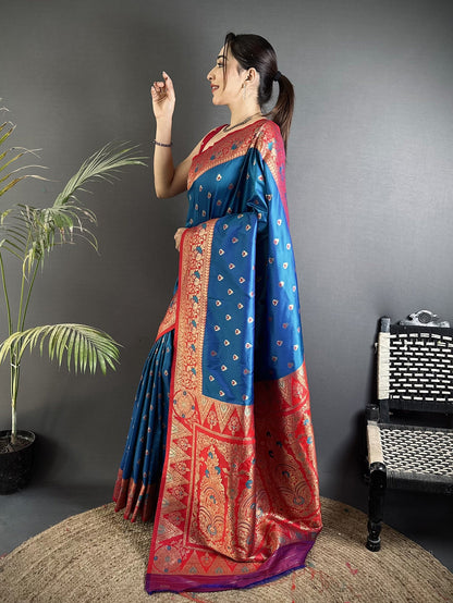 Elora Blue Soft Silk Intricate Motifs Zari Weaving Banarasi Saree With Contrast Weaving Border
