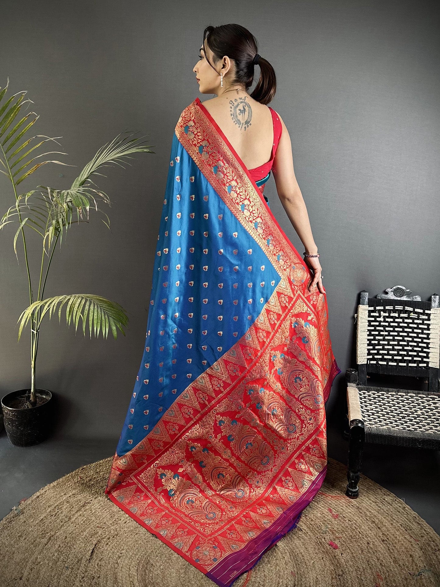 Elora Blue Soft Silk Intricate Motifs Zari Weaving Banarasi Saree With Contrast Weaving Border