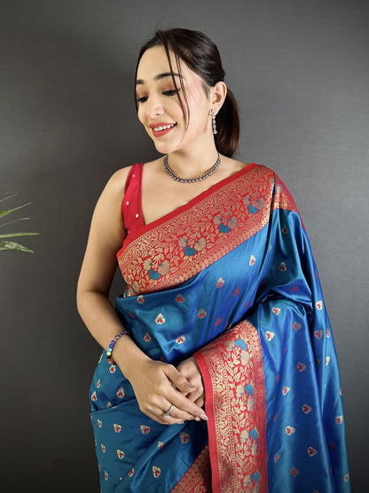 Elora Blue Soft Silk Intricate Motifs Zari Weaving Banarasi Saree With Contrast Weaving Border