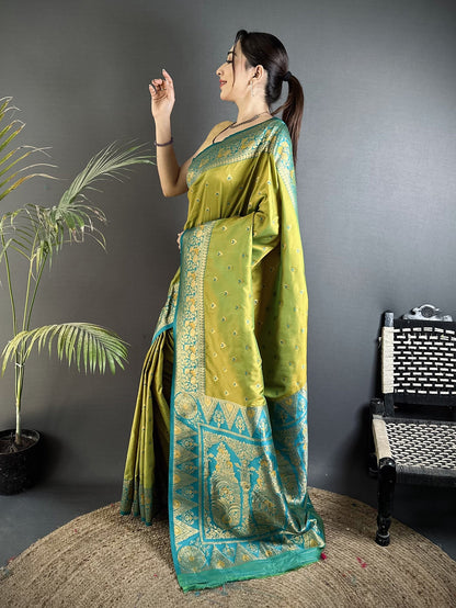 Elora Pista Green Soft Silk Intricate Motifs Zari Weaving Banarasi Saree With Contrast Weaving Border